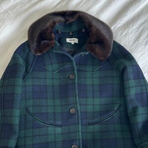 Green and blue Plaid Coat with Faux Fur brown Collar